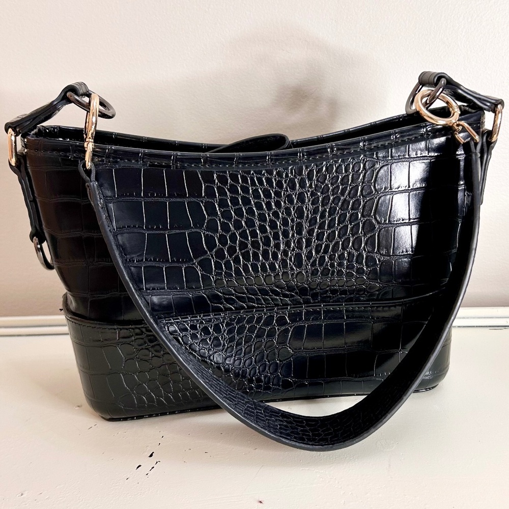 Black Croc Embossed Faux Leather Top Handle Wide Shoulder Strap Purse